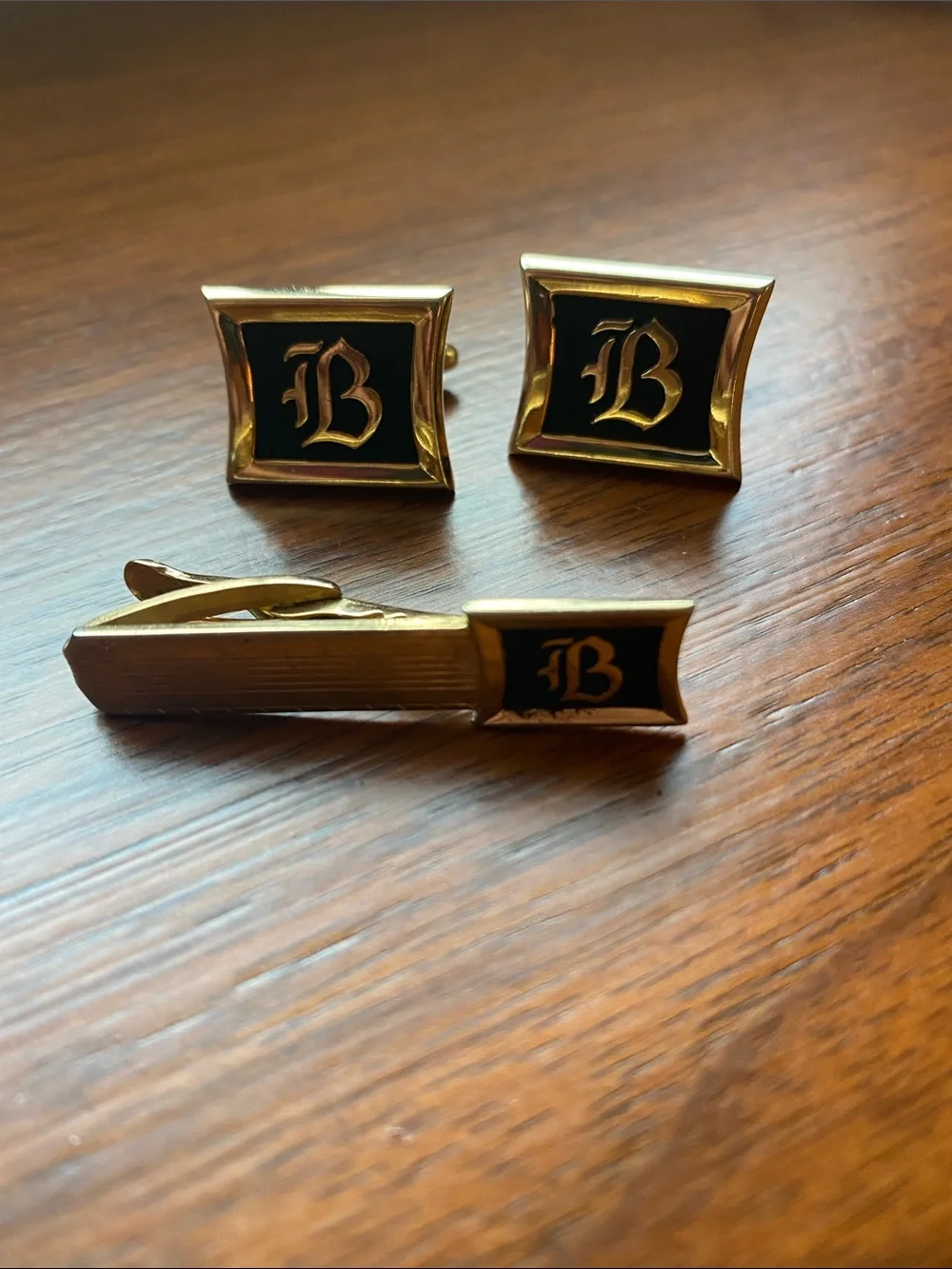 Gold and Black 'B' Cufflink and Tie Clip Set by